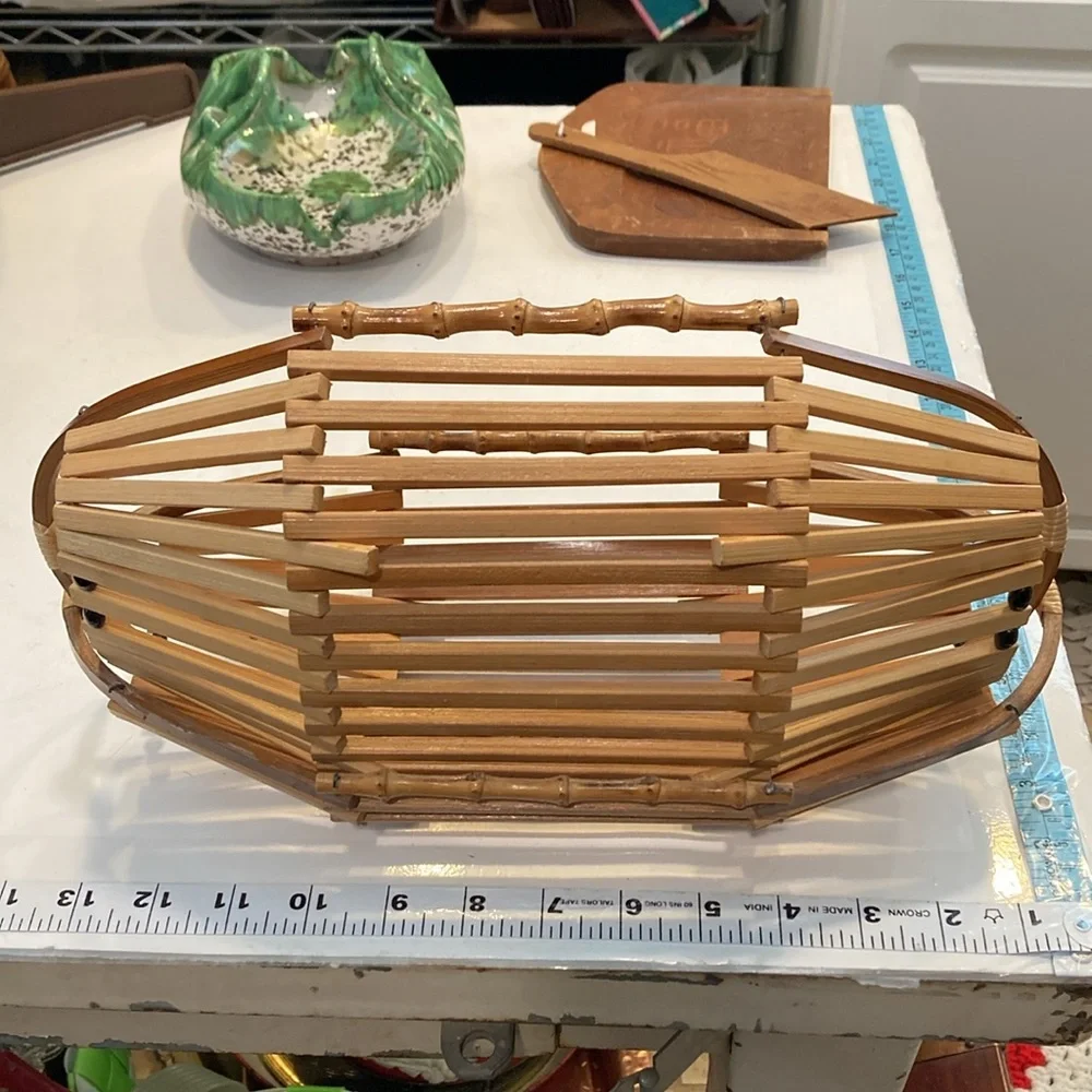 Holiday Bread Baskets Set/2 Mid Century Rattan Baskets W/ Black Beads & Handles